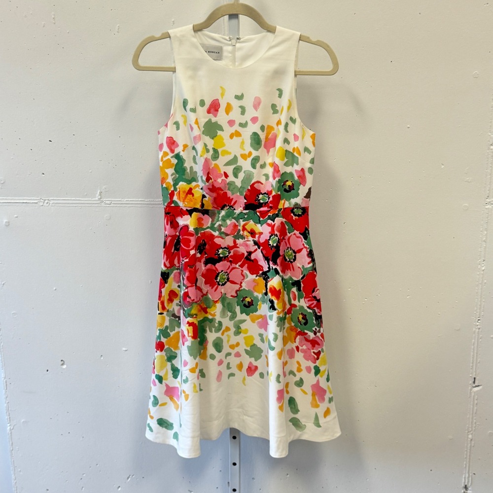 Donna Morgan Floral Watercolor Fit and Flare Sleeveless Mini Dress White Red 2